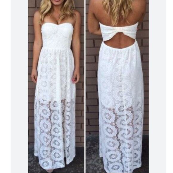 Windsor White Strapless Lace Overlay Maxi Dress Size S/M Padded Cups Stretchy - Picture 1 of 9